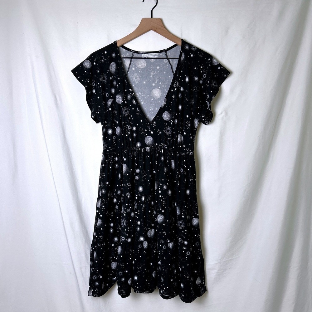 Urban Outfitters Womens Celestial Moon Star Tiered Babydoll Mini Dress M Black